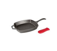 Lodge L8SGP3ASHH41B Cast Iron Square Grill Pan with Red Silicone Hot Handle Holder, Pre-Seasoned, 10.5-inch