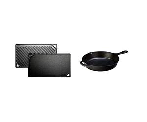 Lodge LDP3 42.55 x 24.13 cm / 16.75 x 9.5 inch Pre-Seasoned Cast Iron Rectangular Reversible Grill / Griddle, Black & L8SK3 26.04 cm / 10.25 inch Cast Iron Round Skillet/Frying Pan