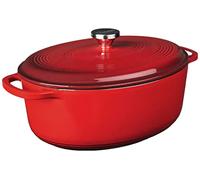 Lodge Red Enameled Cast Iron Oval Casserole Dish with Lid Double Handles Oven Safe to 500 F or Stovetop for Marinating, Cooking, Baking, Cooling and Serving