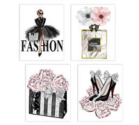 Lodintech Fashion Women Canvas Wall Art, Girls Bedroom Wall Decor, Pink Flowers Modern Art Posters, Perfume Handbags High Heels Prints Unframed Wall Pictures Paintings, Pink Women Room Decor, 8x12''
