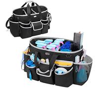 LoDird Cleaning Caddy Bag with 3 Compartments and Multifunctional Pockets, Cleaning Supplies Organizer for Cleaning Work with Handle and Shoulder Strap, Black and Grey
