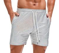 Lodizeora Mens Metallic Grid Shorts with Drawstring Elastic Waist Shiny Party Short Pants for Nightclub Disco Dance, Silver Sequin Sparkly Casual Shorts with Pockets for Summer Festival Rave