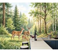 LODMLOER 3D Panoramic Mural Forest Deer Print Photo Wallpaper,Green Non-Woven Wall Mural Decoration Poster Picture Cartoon Watercolor 250x175cm Murals for Living Room Bedroom