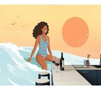 LODMLOER 3D Panoramic Mural Sunset Waves Print Photo Wallpaper,Blue Orange Non-Woven Wall Mural Decoration Poster Picture Cartoon Illustration 400x280cm Murals for Living Room Bedroom