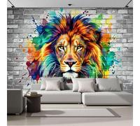 LODMLOER Animals Lion Wallpaper for Living Room - Brick Wall Watercolor Graffiti Wall Murals for Bedrooms,Color Wall Art, Non-Woven Photo Wallpaper 3D Effect,W300 x H210 cm