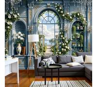LODMLOER Baroque Style Wall Mural W400 x H280 cm - Non-Woven Rose Classical Architecture Wallpaper,Gray Blue Photo Mural, Large Scenic Wall Covering for Living Room Bedroom Dining Room Decor