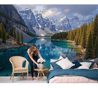 LODMLOER Blue Green Panoramic Wallpaper Mural, 3D Effect Tranquil Lakes Mountains, Non-Woven Wall Mural Natural Landscapes for Bedroom, Living Room, Restaurant Café 350x256cm