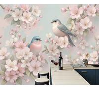 LODMLOER Blush Pink Panoramic Wallpaper Mural, 3D Effect Cherry Blossom Bird, Non-Woven Wall Mural Watercolor Elegant for Bedroom, Living Room, Restaurant Café 300x210cm