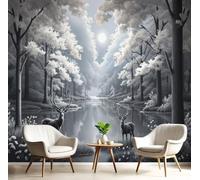 LODMLOER Dark Forest Stream Wall Mural Photo Wallpaper 350x256cm,Deer Night Scene Non-Woven Art Print Wall Decoration Poster for Living Room Kitchen Dining Room Bedroom,Grey