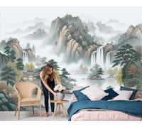 LODMLOER Dark Green Panoramic Wallpaper Mural, 3D Effect Chinese Landscape, Non-Woven Wall Mural Lake Mountains for Bedroom, Living Room, Restaurant Café 450x315cm