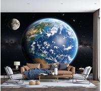 LODMLOER Earth Moon Wallpaper for Living Room - Celestial Bodies Planets Wall Murals for Bedrooms,Blue Wall Art, Non-Woven Photo Wallpaper 3D Effect,W400 x H280 cm