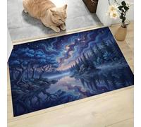 LODMLOER Entryway Door Mat Washable 45 x 75 cm Rugs Fantasy Forest | Thin Starry Sky Lake Indoor Rug Soft Non Slip Low Pile Carpet for Hallway Entrance Kitchen Bedroom