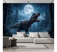 LODMLOER Ferocious Animals Wallpaper for Living Room - Dinosaurs Dark Forest Wall Murals for Bedrooms,Blue Wall Art, Non-Woven Photo Wallpaper 3D Effect,W300 x H210 cm