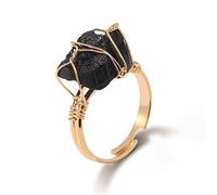 LODMLOER Irregular Rose Quartz Stone Ring-Women Full Wire Wrapped Fluorite Gold-color Resizable Reiki Crystal Jewelry,Handmade Cocktail ring for Party Wedding Jewelry,Black Tourmaline,Resizable