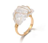 LODMLOER Irregular Rose Quartz Stone Ring-Women Full Wire Wrapped Fluorite Gold-color Resizable Reiki Crystal Jewelry,Handmade Cocktail ring for Party Wedding Jewelry,White crystal,Resizable