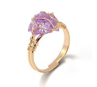 LODMLOER Irregular Rose Quartz Stone Ring-Women Full Wire Wrapped Fluorite Gold-color Resizable Reiki Crystal Jewelry,Handmade Cocktail ring for Party Wedding Jewelry,amethyst,Resizable