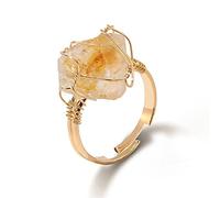 LODMLOER Irregular Rose Quartz Stone Ring-Women Full Wire Wrapped Fluorite Gold-color Resizable Reiki Crystal Jewelry,Handmade Cocktail ring for Party Wedding Jewelry,Citrine,Resizable