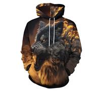 LODMLOER Mens Pullover Hoodie Angry Wolf Flame Drawstring Sweatshirt Fantasy Art Hooded Jumper Long Sleeve Pull Over Top with Kanga Pocket Brown