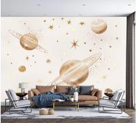 LODMLOER Minimalist Planet Wallpaper for Living Room - Starry Sky Retro Space Wall Murals for Bedrooms,Beige Wall Art, Non-Woven Photo Wallpaper 3D Effect,W450 x H315 cm