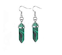 LODMLOER Natural Crystal Hexagonal Point Stone Earrings - Silver Color Amethyst Long Earring For Women, Hexagonal Point Spiral Crystal Quartz Pendant Handmade Jewelry,Malachite