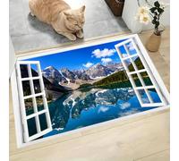 LODMLOER Natural Landscape Area Rug,80 x 120 cm Mountains Unspread Lake Entryway Rug, Non-Slip Low-Pile Doormat, Indoor Entrance Rugs, Washable Blue Carpet for Bedroom Kitchen Laundry Room