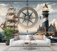 LODMLOER Nautical Theme Wallpaper for Living Room - Compass Lighthouse Wall Murals for Bedrooms,Dusty Blue Wall Art, Non-Woven Photo Wallpaper 3D Effect,W300 x H210 cm