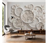 LODMLOER Non-Woven Beige Wallpaper Mural,Relief Plants, Panoramic Wall Mural W300 x H210 cm,Geometric Rococo Style Wallpaper for Bedroom Living Room TV Backdrop Hallway Lounge