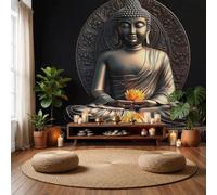 LODMLOER Non-Woven Bronze Wallpaper Mural,Buddha Statue Lotus, Panoramic Wall Mural 450x315cm,Buddhist Culture Meditation Wallpaper for Bedroom Living Room TV Backdrop Hallway Lounge