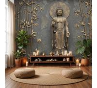 LODMLOER Non-Woven Bronze Wallpaper Mural,Buddhist Culture, Panoramic Wall Mural 350x256cm,Relief Bamboo Lotus Wallpaper for Bedroom Living Room TV Backdrop Hallway Lounge