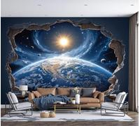 LODMLOER Non-Woven Earth Space Panoramic Wallpaper W350 x H256 cm Sci Fi Universe Hole in The Wall Home Decor for Bedroom Living Room TV Background Office Wall Poster