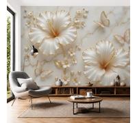 LODMLOER Non-Woven Gold White Wallpaper Mural,Hibiscus Butterfly, Panoramic Wall Mural W400 x H280 cm,Elegant Luxurious Flower Wallpaper for Bedroom Living Room TV Backdrop Hallway Lounge