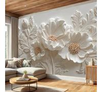LODMLOER Non-Woven Off-White Wallpaper Mural,Relief Plants, Panoramic Wall Mural W200 x H140 cm,Anemone Branches Leaves Wallpaper for Bedroom Living Room TV Backdrop Hallway Lounge