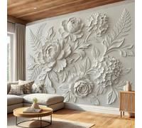 LODMLOER Non-Woven Off-White Wallpaper Mural,Relief Plants, Panoramic Wall Mural W250 x H175 cm,Classic Peony Hydrangea Wallpaper for Bedroom Living Room TV Backdrop Hallway Lounge