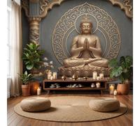 LODMLOER Non-Woven Photo Wallpaper Seated Buddha Lotus Throne W350 x H256 cm Zen Buddhism Panoramic Wallpaper Mural, Wall Mural, Wall Art Decor for Living Room, Bedroom, Office