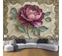 LODMLOER Non-Woven Purple Green Wallpaper Mural,Still Life Flowers, Panoramic Wall Mural W300 x H210 cm,Vintage Peony Baroque Style Wallpaper for Bedroom Living Room TV Backdrop Hallway Lounge
