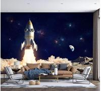 LODMLOER Non-Woven Rocket Planet Panoramic Wallpaper W450 x H315 cm Universe Sci Fi Space Home Decor for Bedroom Living Room TV Background Office Wall Poster
