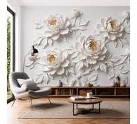 LODMLOER Non-Woven White Wallpaper Mural,Classic Peony, Panoramic Wall Mural W250 x H175 cm,Relief Floral Branch Wallpaper for Bedroom Living Room TV Backdrop Hallway Lounge