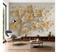 LODMLOER Non-Woven Yellow White Wallpaper Mural,Elegant Flowers Trees, Panoramic Wall Mural W450 x H315 cm,Petals Relief Style Wallpaper for Bedroom Living Room TV Backdrop Hallway Lounge
