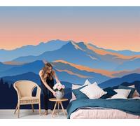 LODMLOER Orange Blue Panoramic Wallpaper Mural, 3D Effect Sunset Mountains, Non-Woven Wall Mural Watercolor Simple for Bedroom, Living Room, Restaurant Café 200x140cm