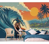 LODMLOER Orange Blue Panoramic Wallpaper Mural, 3D Effect Surfing Waves, Non-Woven Wall Mural Retro Sunset for Bedroom, Living Room, Restaurant Café 250x175cm