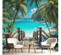 LODMLOER Panoramic Wallpaper Mural Boardwalk Palm Trees 3D Wall Sticker Poster,Tropical Ocean Photo Wallpaper Wall Mural 300x210cm for Living Room Bedroom Sofa Backdrop