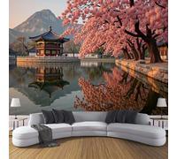 LODMLOER Panoramic Wallpaper Mural Cherry Blossoms Pavilions 3D Wall Sticker Poster,Classical Gardens Photo Wallpaper Wall Mural W200xH140cm for Living Room Bedroom Sofa Backdrop