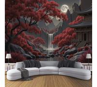 LODMLOER Panoramic Wallpaper Mural Maple Tree Chinese Style Architecture 3D Wall Sticker Poster,Landscape Garden Photo Wallpaper Wall Mural W350xH256cm for Living Room Bedroom Sofa Backdrop
