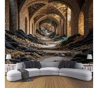LODMLOER Panoramic Wallpaper Mural Retro Stone Gallery 3D Wall Sticker Poster,Architecture Tunnel Photo Wallpaper Wall Mural W350xH256cm for Living Room Bedroom Sofa Backdrop