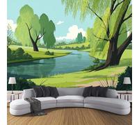 LODMLOER Panoramic Wallpaper Mural Willow Trees River 3D Wall Sticker Poster,Fresh Pastoral Landscape Photo Wallpaper Wall Mural W250xH175cm for Living Room Bedroom Sofa Backdrop