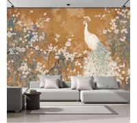 LODMLOER Photo Wallpaper Chinese Style W450 x H315 cm Non-Woven Wall Mural, Wall Art,Peacock Retro Floral, Art Print, Home Decoration, Bedroom, Living Room, Artdeco,Ochre