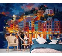 LODMLOER Photo Wallpaper Coastal Town 300x210cm - Panoramic Wall Mural Premium Non-Woven Night View Reflections Wallpaper for Living Room Bedroom Kitchen Home Decoration