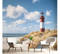 LODMLOER Photo Wallpaper Murals Lighthouse Beach 350x256cm Panoramic Wallpaper,Dune Grass Non-Woven Wall Mural, for Bedroom Living Room TV Backdrop Interior Wall Decor