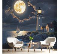 LODMLOER Photo Wallpaper Murals Reef Lighthouse 250x175cm Panoramic Wallpaper,Moon Coastal Night View Non-Woven Wall Mural, for Bedroom Living Room TV Backdrop Interior Wall Decor