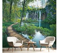 LODMLOER Photo Wallpaper Tranquil Lake Boardwalk 200x140cm Non-Woven Wall Mural,Natural Forest Waterfall Wallpaper Modern Living Room Bedroom Art Poster Wall Decoration